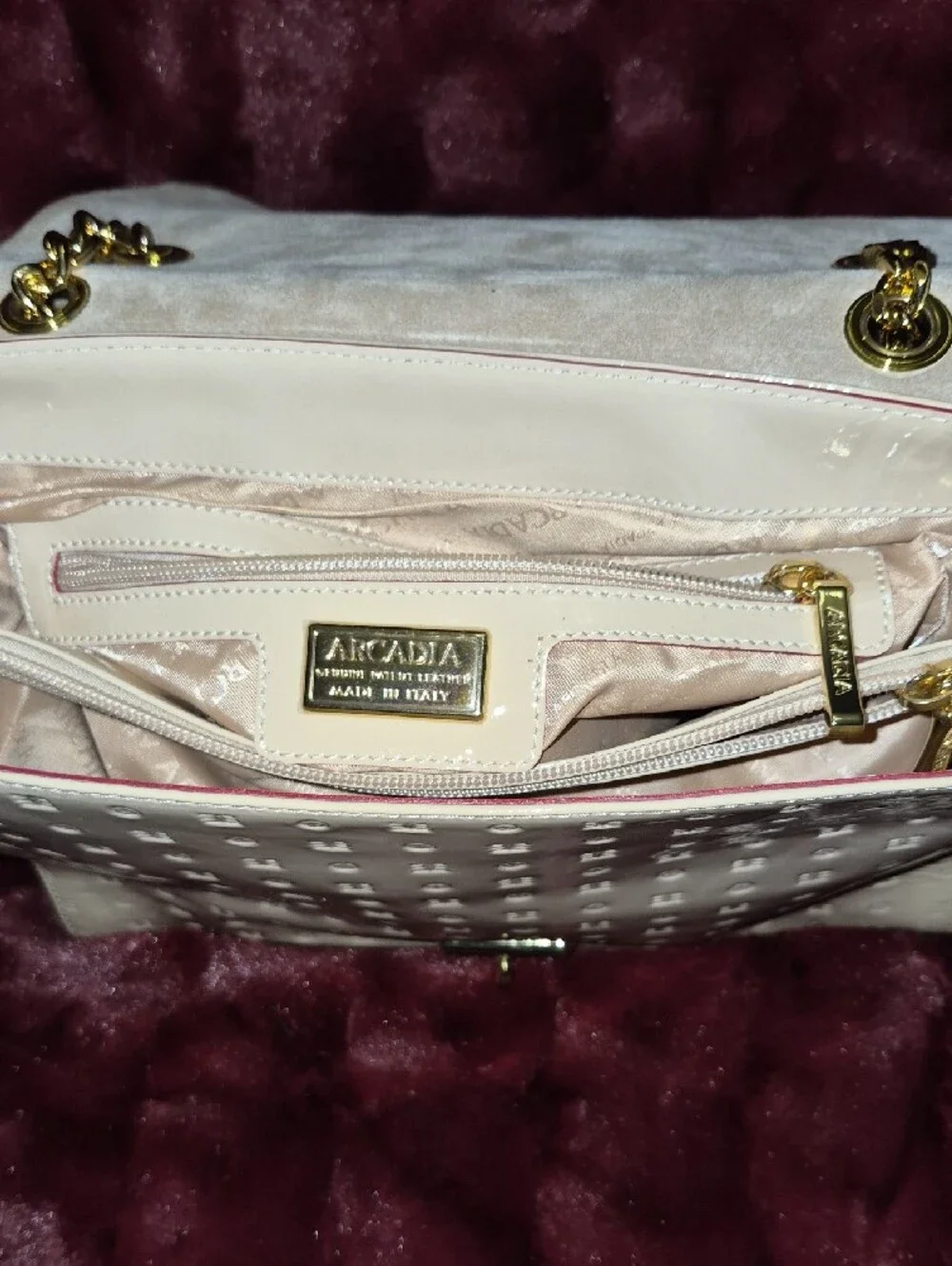 Arcadia White Patent Leather Satchel with Pink Trim and Gold Hardware